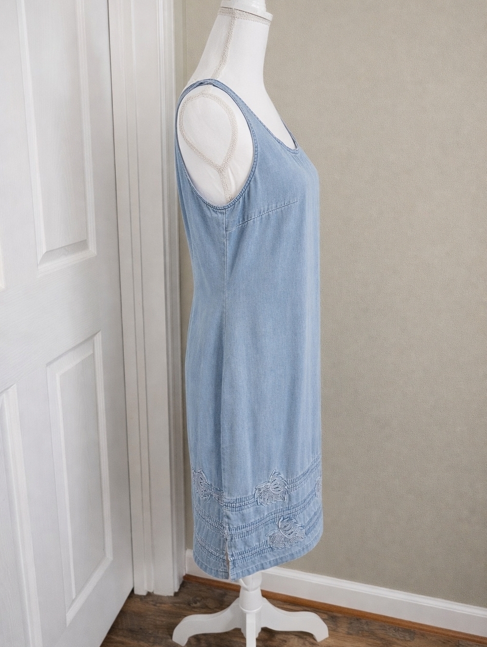 Y2K Denim Jumper Dress Coastal Cowgirl Tropical Monstera Midi Light Wash - Picture 5 of 13